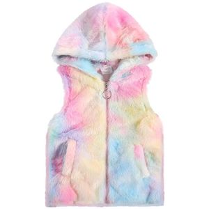 Kleurrijke Fuzzy Vest Jas Meisje Pluche Vest, mouwloze Rits Hooded Kraag Met Twee Zakken Voor Winter En Late Herfst