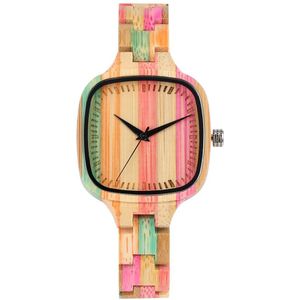 Unieke Kleurrijke Houten Horloge vrouwen Horloge Mode Kleur Stiksels Bamboe Houten Quartz Top Luxe Horloges voor Dames Meisjes