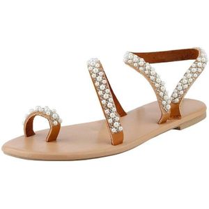 Vrouwen Boho Sandalen Handgemaakte Parel Strand Bruids Schoenen Slip-Op Casual Sandalen 35-44 Size Plus Leuke Bohemian vrouwelijke Platte Sandalen