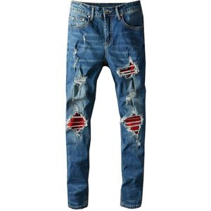 Mannen Slim Skinny Blue Ripped Biker Jeans Streetwear Rood Patch Patchwork Stretch Denim Broek Broek