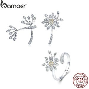 Bamoer Authentieke 925 Sterling Zilver Bloeiende Paardebloem Liefde Bloem Clear Cubic Zirkoon Sieraden Sets Vrouwen Zilveren Sieraden ZHS088