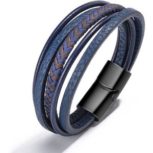 Niuyitid Mannen Blauw Lederen Armband Multilayer Magneet Knop Mannelijke Sieraden Voor Vrouwen