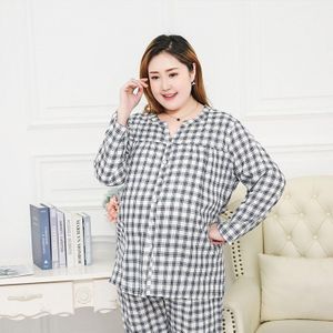 Zomer Dames Pyjama Plaid Opsluiting Katoenen Kleding Zwangere Vrouwen Moeder Home Service 3XL-6XL Losse Kleding