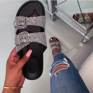Vrouwen Zomer Outdoor Slippers Platte Hak Platform Peep Toe Kristal Gesp Slides Mode Strand Dames Schoenen Zapatos De Mujer