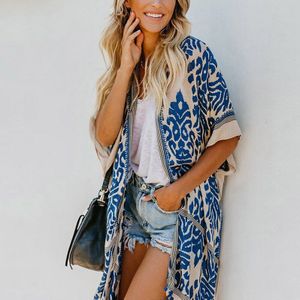 Vrouwen Lange Kimono Kwasten Bloemenprint Oversize Losse Blouse Beachwear