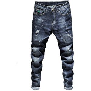 Man Jeans Donkerblauw Stretch Slim Fit Ripped Streetwear Verzwakte Verontruste Broek Letters Biker Jeans Guinness Voor Mannen