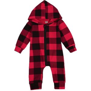 Baby Jongen Lange Mouw Jumpsuit Herfst Persoonlijkheid Plaid Hooded Zipper Een Stuk Lange Broek