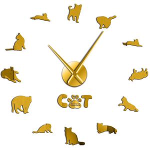 Amerikaanse Korthaar Kat Rassen Met Spiegel Numbers Stickers Wall Art Klok Horloge Kitty Dieren 3D Diy Acryl Wandklok