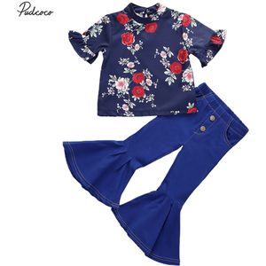 Mode Peuter Kinderen Baby Meisjes Kleding Bloemen Ruche Tops T-shirt + Denim Flare Broek Jeans Bell-Bottoms Outfits Sets 1-5Years