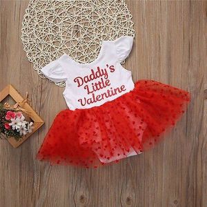 Boutique meisje Kleding Toevallige katoen o-hals brief Jurk Peuter Kids Baby Meisjes Rood Hart Tutu Tule Jurk Zomer