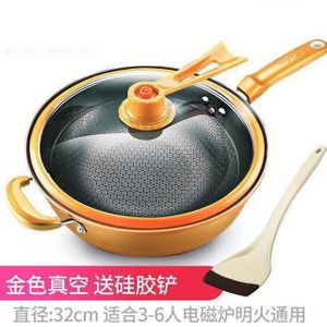 32cm Ijzeren Pot Huishouden Keuken Inductie Fornuis Universele Pan Vacuüm Wok Non Stick Pan Geen Olie Rook Pot Pan met Cover
