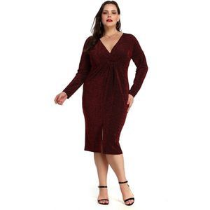 Lovertjes Feestjurk Plus Size Vrouwen Zomer V Hals Lange Mouw Casual Kleding Hoge Taille Split Front Bodycon Office Jurken