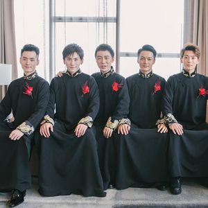 Zwarte Chinese Stijl Mannen Kleding Vintage Oude Stalknecht Robe Gown 1930 s Mannelijke Bruiloft Kleding Grote Maat S-3XL 4XL