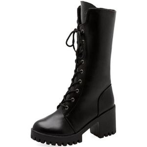 Gesp Winter Motorlaarzen Vrouwen Britse Stijl Mid-Kalf Laarzen Gothic Punk Vierkante Hak Solid Boot Vrouwen schoenen