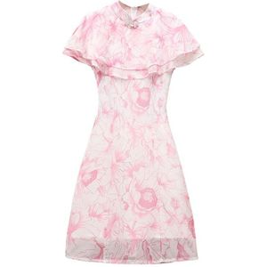 Bebovizi Plus Size M-4XL Vintage Chinese Qipao Casual Party Vrouwen A-lijn Jurk Roze Korte Mouw Zomer Cheongsam Jurken