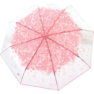 Vouw Paraplu Innovatieve Leuke Cherry Blossom Patroon Roze Transparante Opvouwbare Paraplu Drievoudige Paraplu voor Jonge Meisjes