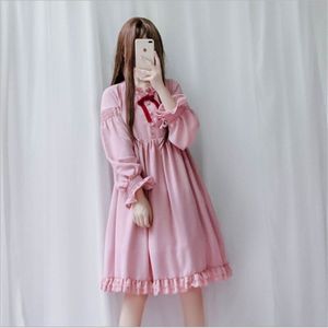 Kawaii Leuke Zoete Roze Lolita Greter Op Lantaarn Mouwen Kant Lange Jurk Anime Prinses Pop Kleding Voor Meisjes Japanse Wijn rood