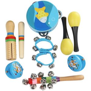 10 Stks/set Muzikaal Speelgoed Slaginstrumenten Band Ritme Kit Met Tamboerijn Maracas Castagnetten Handbells Houten Guiro Voor Kids