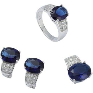 Eulonvan vintage 925 sterling zilver luxe vrouwen bruiloft sieraden sets (ring/oorbellen/hanger) donkerblauw Zirconia S-3704set