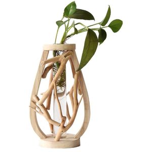 Pure Handwerk Houten Vaas Versierd Massief Houten Bloempot voor Creatieve Glas Bloemen Hydrocultuur Container Home Decoratieve Vaas