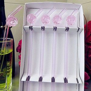 4 stuks Custom handgemaakte roze Glas Rose zuigkracht rietjes decoratieve bruiloft drinkwater buigen stro