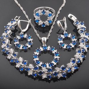 Blue Zirconia Zilver Kleur Voor Vrouwen Sieraden Sets Kristal Armband Ketting Hanger Oorbellen Ring QS0416