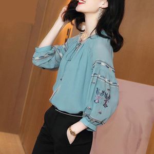 Elegante Vrouwen Lace-Up Shirt Vrouwelijke Zomer Retro Borduurwerk Drie Kwart Mouw Losse Top Casual Werk blouse