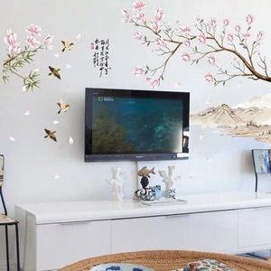 Ekster Perzik Bloesem Muurstickers Chinese Stijl Behang Woonkamer TV Achtergrond Muur Decoratie zelfklevende Slaapkamer Decor