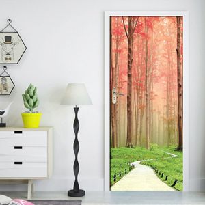 Dly Deur Stickers Pvc Zelfklevende Waterdichte Rode Bos Path Behang Woonkamer Deur Decals Home Decor Afneembare 3D muurschilderingen
