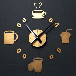 Creatieve DIY Koffie Wandklok Modern Goud Keuken Horloge Europa Grote Cup 3D Stickers Quartz Digitale Klokken Home Decor