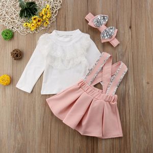 Schattige Peuter Kids Meisjes Bownot Kant Tops Sequin Band Rok Hoofdband Outfits Set