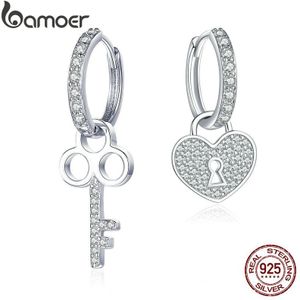 Bamoer Classic 100% 925 Sterling Silver Love Heart Shape Key Lock Oorbellen Voor Vrouwen Wedding Engagement Sieraden SCE577