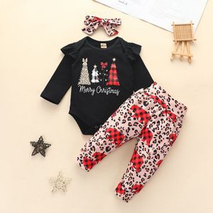 Kerstmis Peuter Baby Meisje Kleding Outfit Brief Print Herfst Lange Mouw 3 Stuks Bodysuit Luipaard Print Broek Hoofddeksels