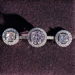 925 Sterling Zilveren Sieraden Set Halo Engagement Ring Ronde Stud Earring Voor Wedding Valentijnsdag Kerst J416