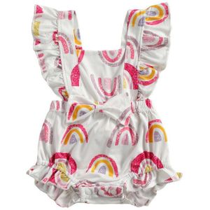 Zomer Baby Meisje Regenboog Print Jumpsuit Met Ruches, Mouwloze Vierkante Kraag Elastische Taille Bodysuits