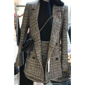 2 Lange Mouw Herfst Jas Jas Outwears Plaid Tweed Rokken Pak Set Vrouwen Tweedelige Outfits Plus Size