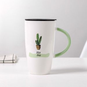 600Ml Creatieve Cactus Patroon Keramische Mok Met Deksel Cartoon Kopjes Melk Koffie Thee Cup Groen Handvat Porselein Mokken Mooie