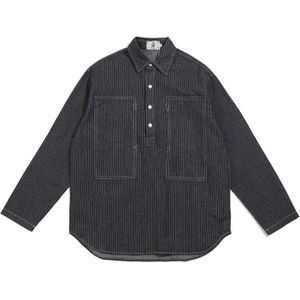 Verticale Strepen Zwart Denim Shirt Heren Lange Mouw Cargo Shirts Heren Vintage Casual Shirt