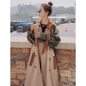 Brand Mode Vrouwen Trenchcoat Colorblock Lange Double-Breasted Met Riem Dame Windjack Lente Herfst Bovenkleding Kleding