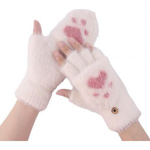 Vrouwen Winter Katten Klauw Half Vinger Warme Gebreide Handschoenen Pluizige Flip Cover Mitten