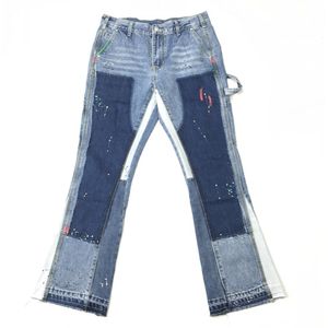 Blauw Multicolor Verf Ploetert Flared Jeans Mannen Deconstructed Patchwork Broek Acht-Pocket Styling