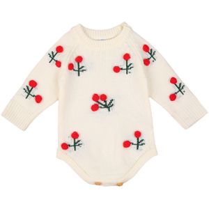 Pasgeboren Meisje Cherry Trui Romper Ronde Hals Lange Mouw Gebreide Lange Romper Bodysuit Outfits