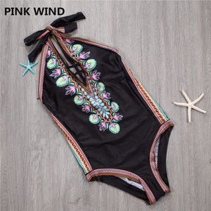 KEKAKA Retro Vintage Vrouwelijke Zwarte Front Criss Cross Halter Een Stuk Badpak Badmode Monokinis Badpak Vrouwen