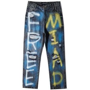 Uncledonjm Graffiti Jeans Voor Mannen Brief Denim Jeans Broek Vernietigd Stretch Slim Fit Hop Hop Broek Loose Fit Denim Jean ad-1982