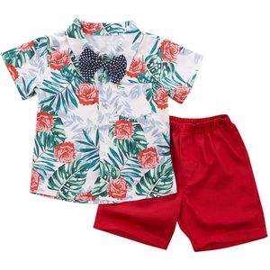 2 STUKS 1-6Y Hawaii Stijl Baby Boy Gentleman Pak Bloemen Leaf Print Korte Mouw Bow Tie Shirt + korte Broek Zomer Set