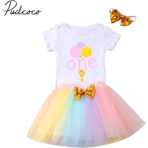 Baby Zomer Kleding Pasgeboren Baby Meisje Verjaardag Kleding Brief Een ijs Romper Tutu Regenboog Rok Hoofdband 3 Pcs outfit