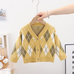 Herfst Winter Jongens Lange Mouw V-hals Ruit Print Knitwear Casaul Trui Kinderen Kids Vesten Bovenkleding Jassen