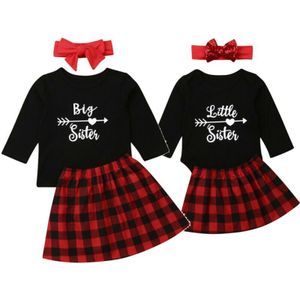 3Pcs Leuke Grote Zusje Kleding Familie Bijpassende Outfits Brief Print T-shirt Romper + Plaid Rokken Peuter Meisjes Kleding set