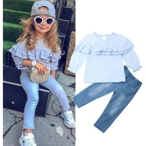 1-6Y Herfst Infant Kids Baby Meisje Kleding Sets Blauw Lange Mouw Ruches Tops T-shirt + Denim Broek Jeans Outfits