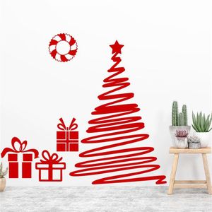 Rood Lint Krans Kerstboom Muurstickers Voor Shop Home Decoratie Diy Venster Decals Xmas Festival Vinyl Muur Muurschilderingen